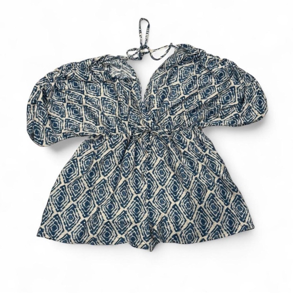Fashion Nova Blue and Cream Printed Romper